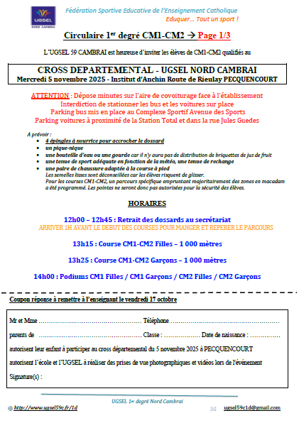 1sur3 Circulaire 1er degré CROSS Départemental UGSEL 2025