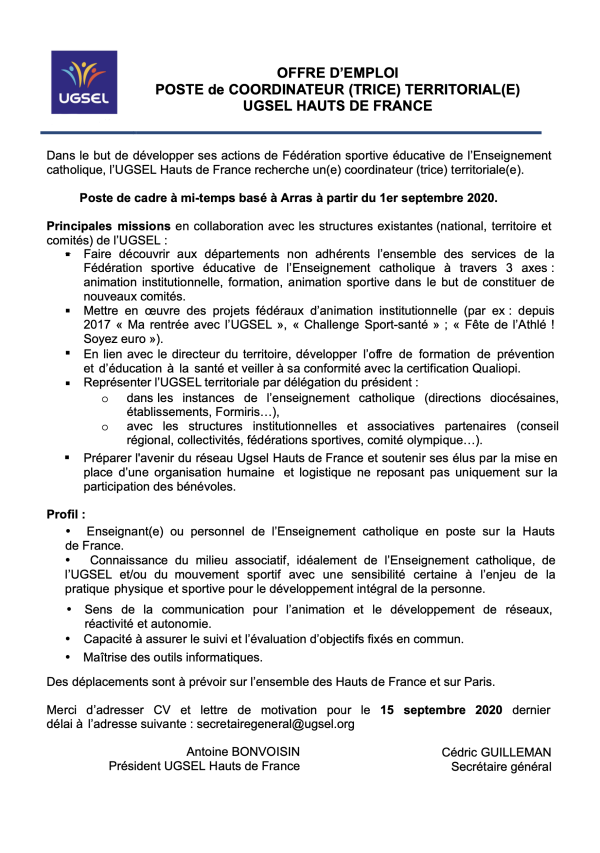 L'UGSEL région Hauts de France recrute son (sa) coordinateur (trice) territorial (e)